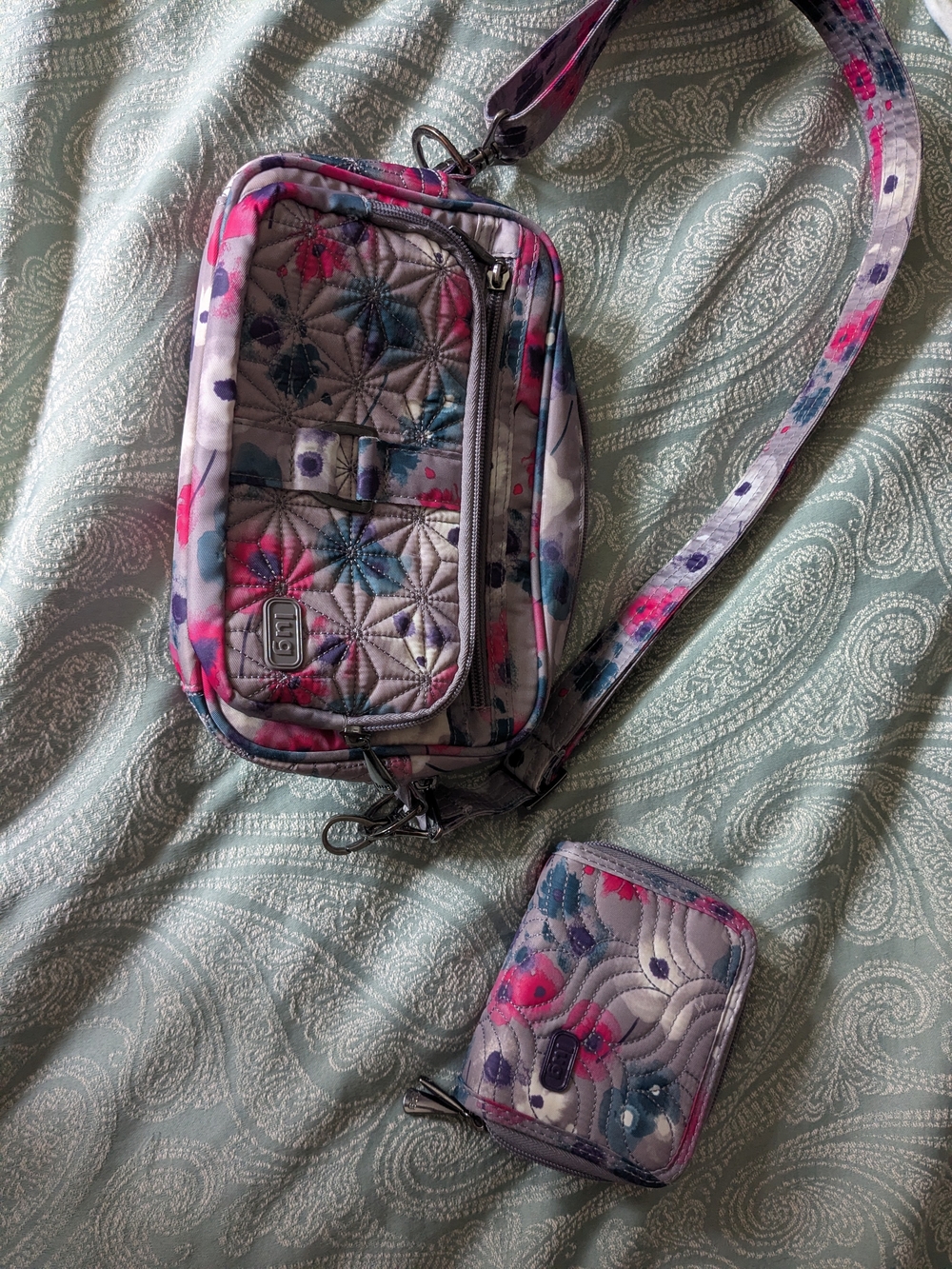 lug Quilted Floral Crossbody and Wallet in Pink, Blue, Gray